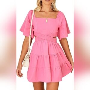 Summer Dress Square Neck Short Sleeves Crossover Waist Casual Party Mini Dress